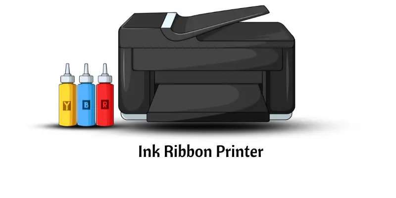 An ink ribbon printer with different ink bottles placed beside it.