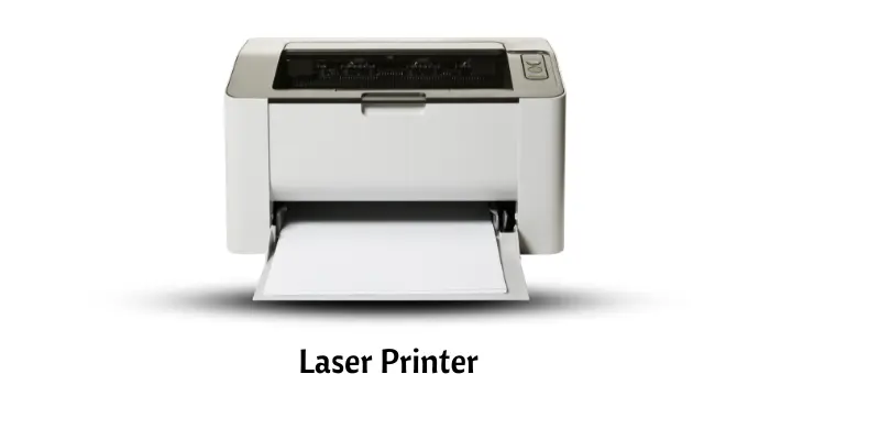 A laser printer with paper in the tray, ready to print a document