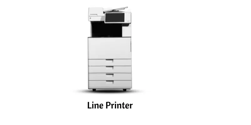 A line printer with continuous paper feed prints text rapidly.