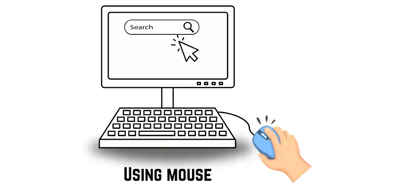 A person’s hand using a mouse to move the cursor and click on the search bar on a computer screen 