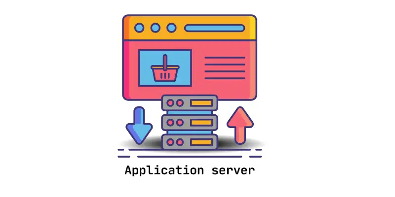 Illustration of an application server with a web interface, database servers, and upload/download arrows representing data flow.
