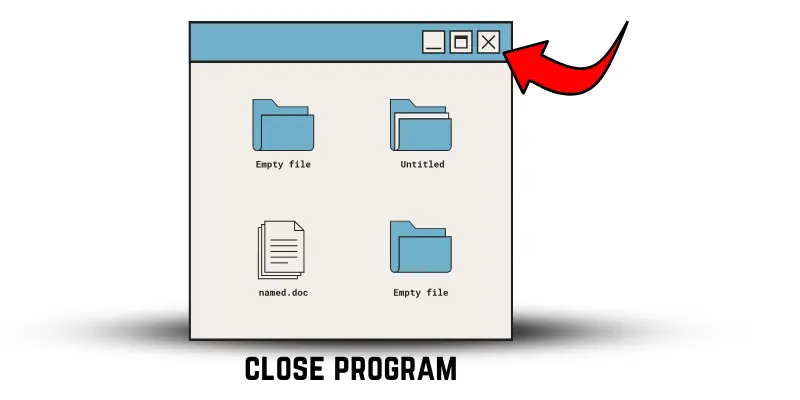 A computer screen showing an arrow pointing to the 'X' button in the top-right corner to close the program.