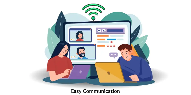 Two people using laptops for online video calls and chatting through the internet, showing easy communication