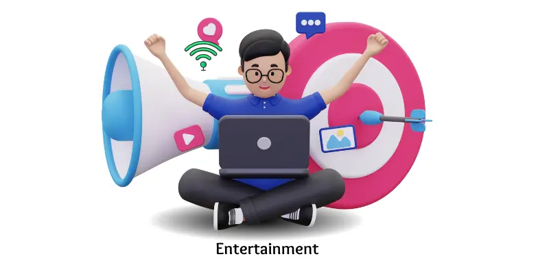 Happy person using laptop for online entertainment like videos, music, and social media through the internet