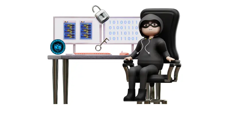 hacker cyber security graphic 3D illustration of a hacker sitting at a computer with coding screens, a padlock, and a key, representing frequent cyber attacks happening every 39 seconds.
