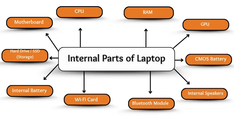 The infographic shows the internal parts of laptop.