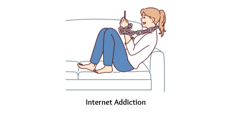 Girl using mobile phone with chain around neck and phone showing internet addiction