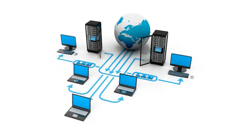 Internet in computer diagram with multiple laptops connected via LAN to a server and globe, explaining computer networking and online access