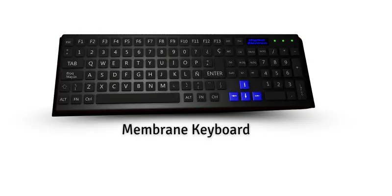 Top view of a membrane keyboard with soft-touch keys, showing a standard layout.