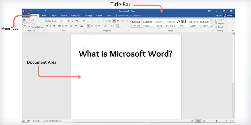 Labeled Microsoft Word real interface image showing the title bar, menu tabs, and document area on a blank file.
