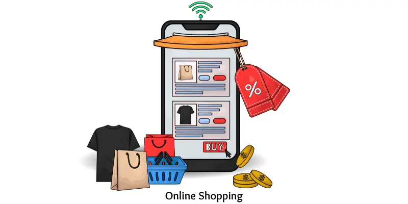 Mobile phone showing online shopping with shopping bag icon through the internet
