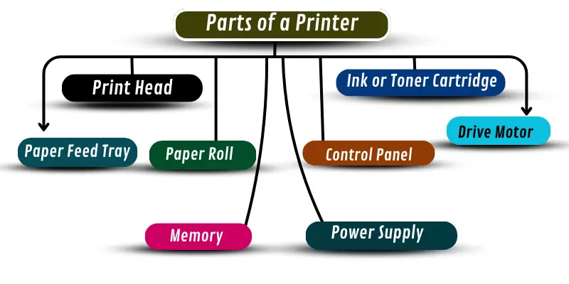 Infographic displaying parts of a printer: print head, ink/toner cartridge, paper feed tray, paper path, control panel, power supply, memory, and drive motor