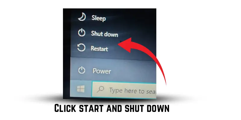 A computer screen showing an arrow pointing to the 'Start' button and selecting 'Shut Down' to turn off the computer.