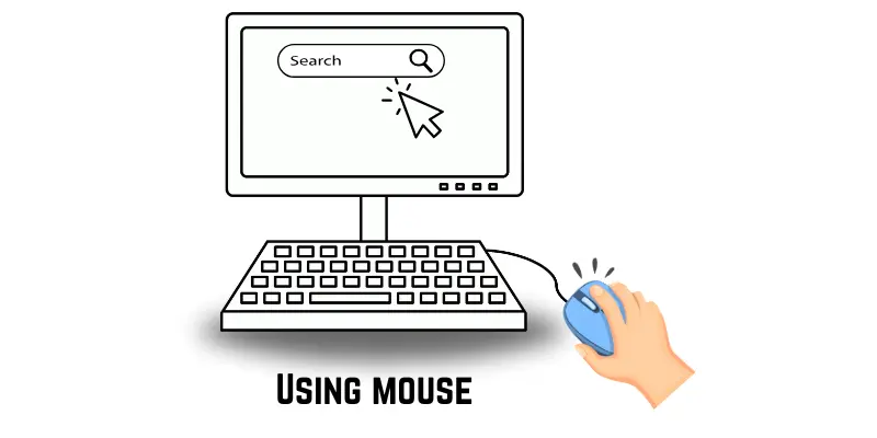 A person’s hand using a mouse to move the cursor and click on the search bar on a computer screen.