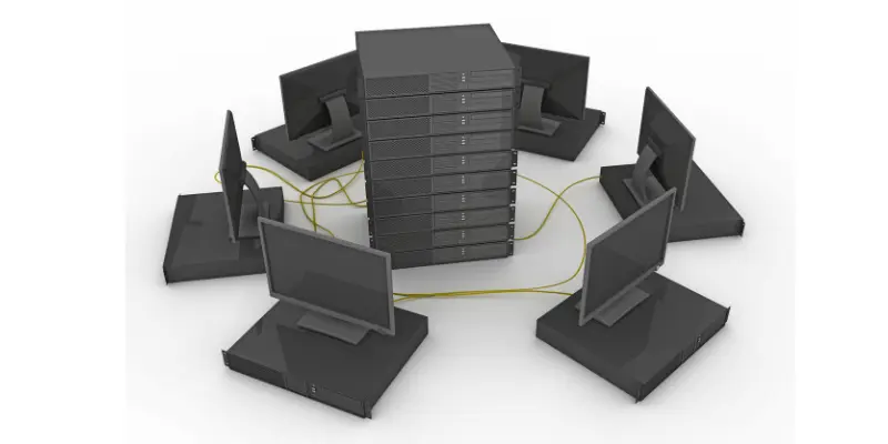 A mainframe computer connected to multiple monitors in a network setup.